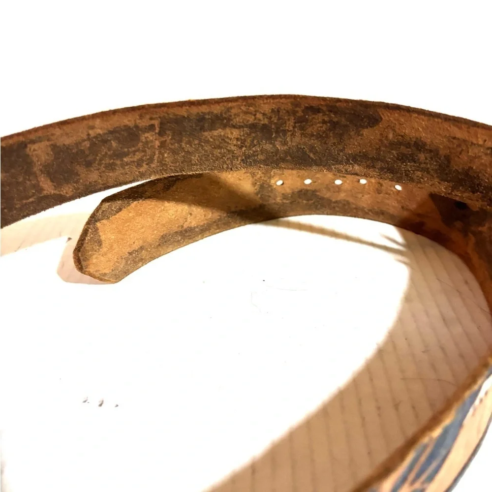 Vintage unisex distressed Leather Belt with Scenic Design